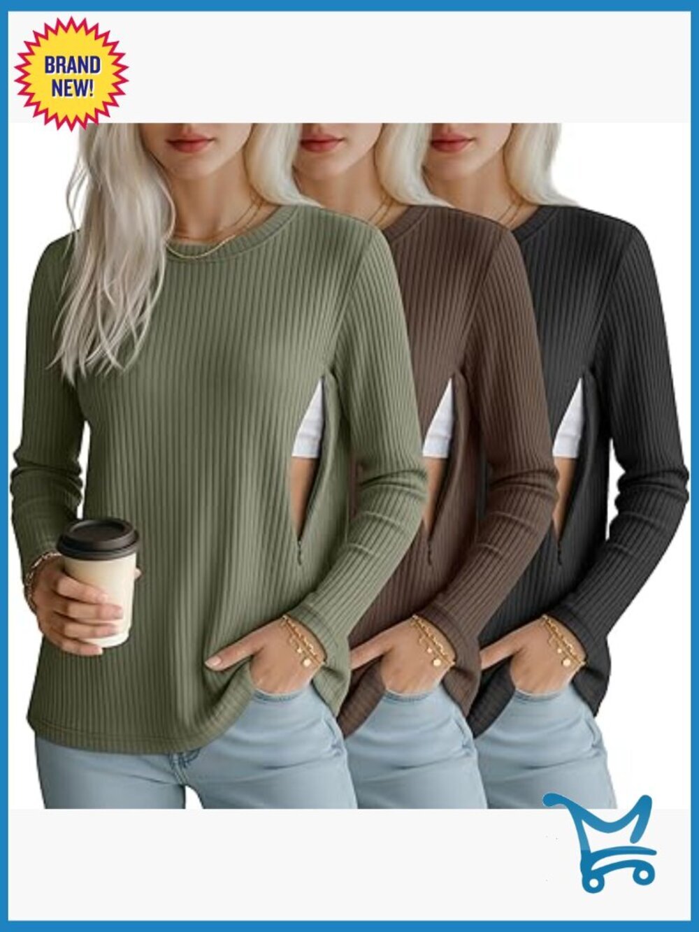 3 Pack Nursing Shirts Ribbed Long Sleeve Breastfeeding Tops Hidden Zipper